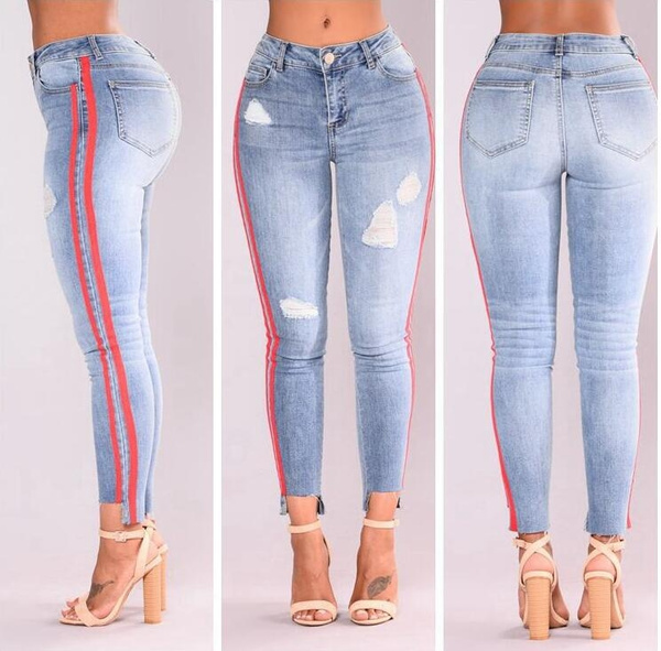 S-3XL Womens Side Stripe Skinny Jeans High Waist Ripped Denim Pants | Wish