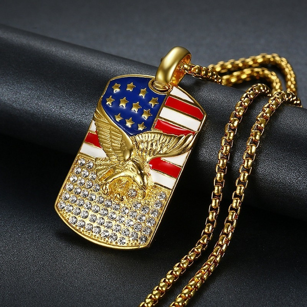 Fashion Jewelry Unisex Link Chain Diamond Crystal American Flag Eagle  Pendant Necklace