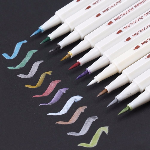 Metallic Calligraphy Brush 10 Colors Pen Soft Tip DIY Scrapbooking