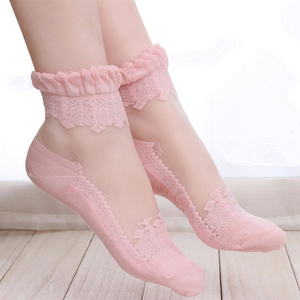 Women Socks Lace Ruffle Ankle Soft Sheer Silk Cotton Elastic Knitted Transparent