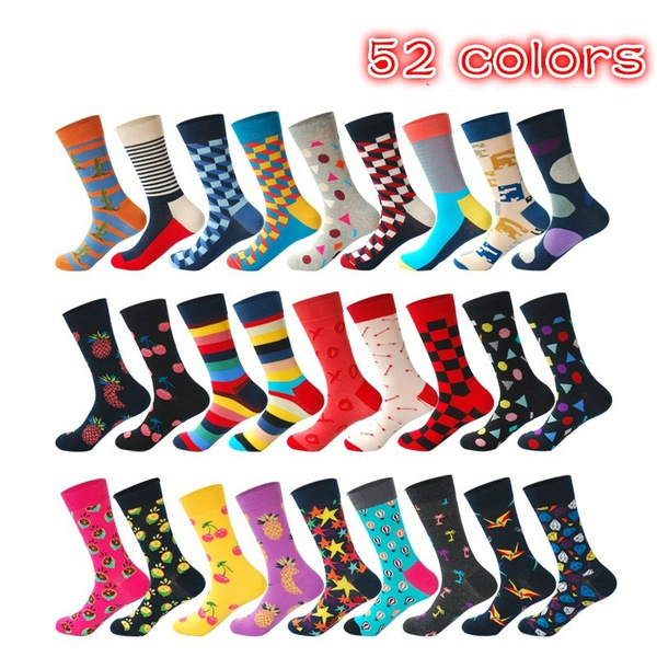 1 Pair Fashion Mens and Womens Happy Socks 52 Colors Striped Plaid Diamond  Cherry Socks Men Combed Cotton Hombre Colors By Random