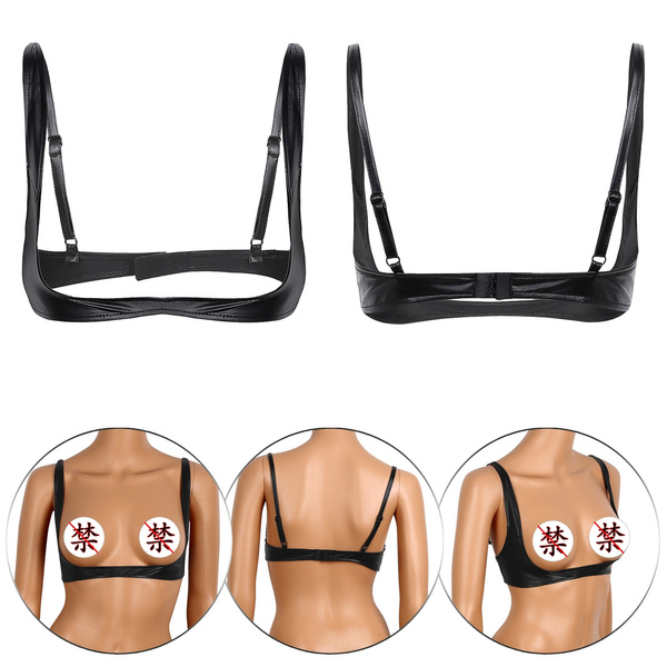 Women Faux Leather Wire-free Open Cup Shelf Bra Exposed Breasts Lift  Brassiere