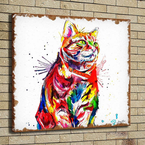 Colorful Tabby Cat Oil Painting Art Print on Canvas Home Decor Wall ...