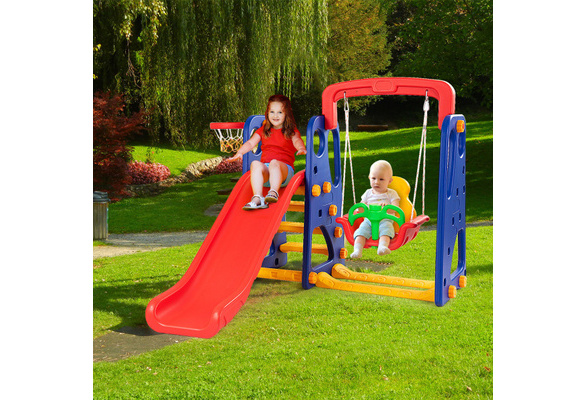 costway 3 in 1 junior children climber slide swing seat basketball hoop playset backyard