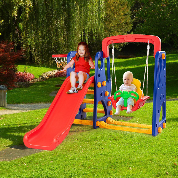 costway 3 in 1 junior children climber slide swing seat basketball hoop playset backyard
