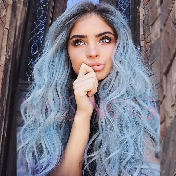 Women s Fashion Light Blue Wig Long Curly Hair Wave Wig color