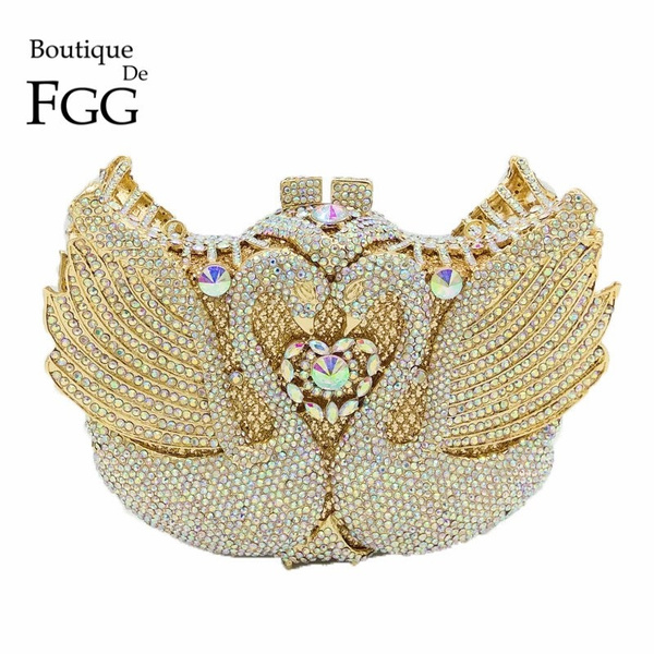 Boutique De FGG Luxury Crystal Swan Clutch Minaudiere Women