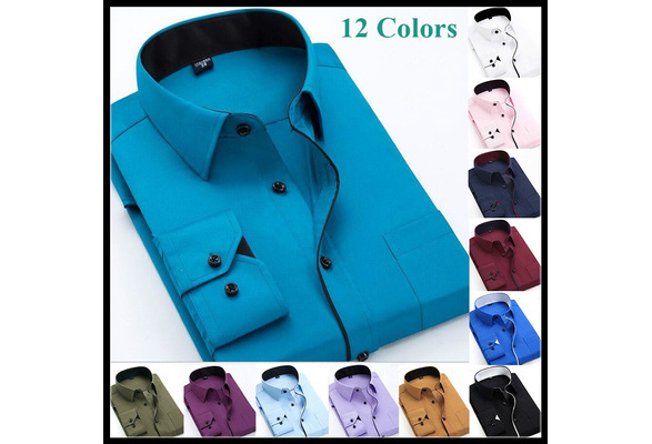 Slim Fit Men's Classic Shirt New Fashion Pure Color Men Long Sleeve  Business Dress Turn-down Collar Regular-Fit Men's Shirts（12 Colors）