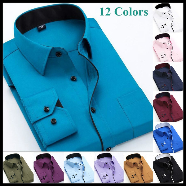 Slim Fit Men's Classic Shirt New Fashion Pure Color Men Long Sleeve  Business Dress Turn-down Collar Regular-Fit Men's Shirts（12 Colors）