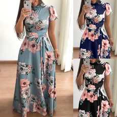long dress, Dress, short sleeves, Floral dress
