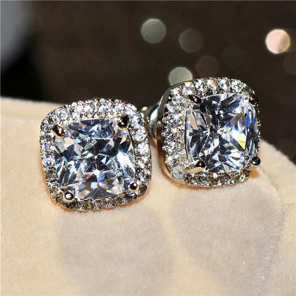 silver square diamond earrings