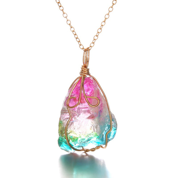 Rainbow Stone Natural Crystal Necklace Gold Plated Quartz Pendant