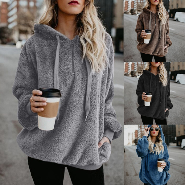 Autumn Winter Women Casual Pullover Sweater Warm Fleece Hooded ...