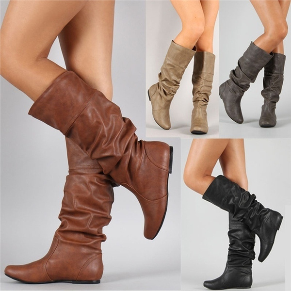 Fashion Women Winter Shoes Flat Heel Solid Color Long Boots Pointed Toe ...