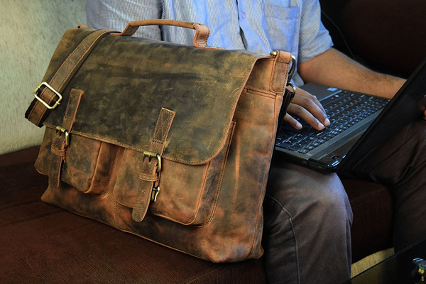 Men's Briefcase Office Bag Genuine Buffalo Leather Messenger