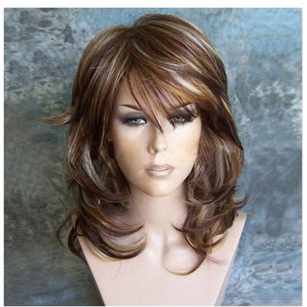 Women's Fashion Medium Side Bang Highlighted Layered Slightly Curled  Synthetic Wig Brown Hair with Hairnet | Wish