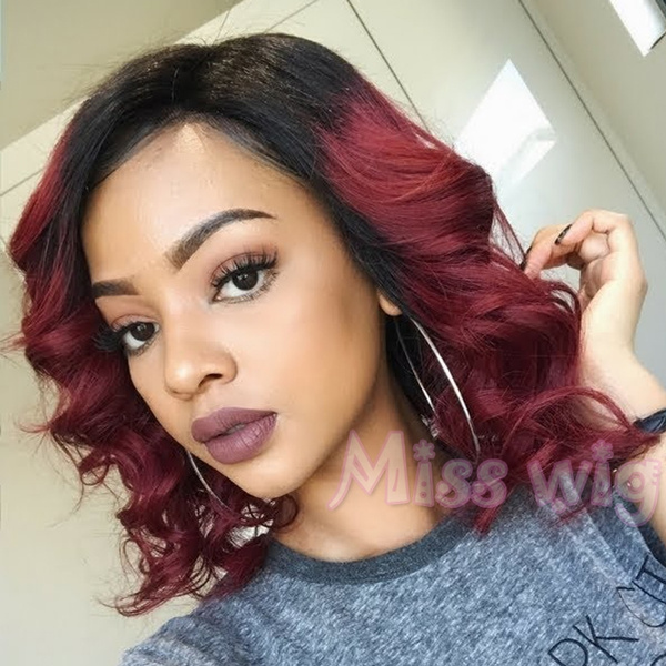 Fashion Women Black and Wine Red Natural Short Wave Hairstyle Full Wig Color Ombre Wine Red