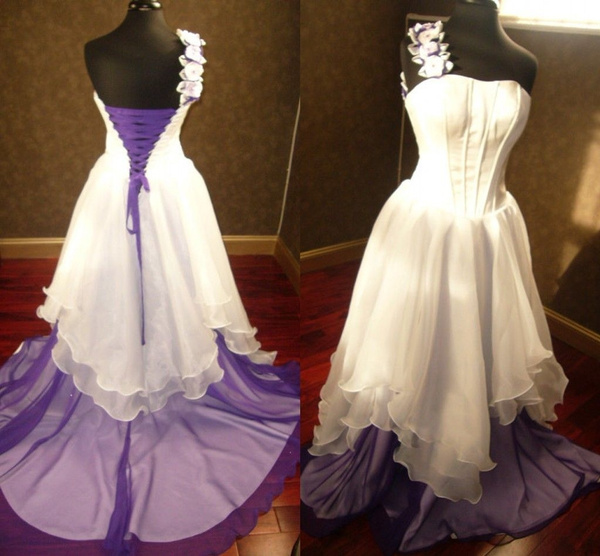 White Purple Florals Lace Wedding Dresses Strapless Lace Up Back Plus Size  Gown | eBay