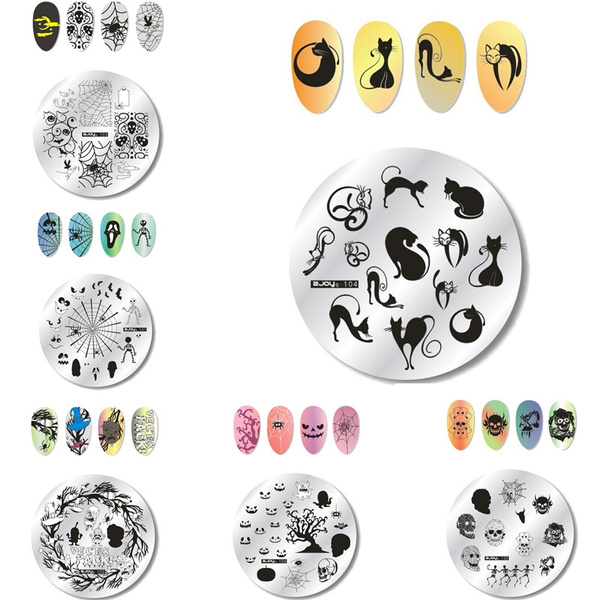 Halloween Nail Stamping Plate Skull Ghost Bat Cat Nail Designs Round Template Art Supplies Nail Art Printer Tool Wish