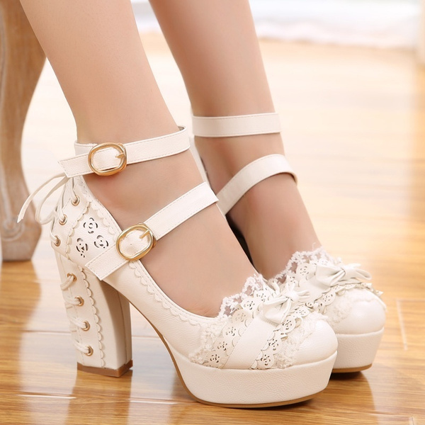 Sweet High Heels Lolita Shoes, Japanese Princess Lace, Bow Tie, Single  Women's Heel, Waterproof Table Women Shoes | Wish