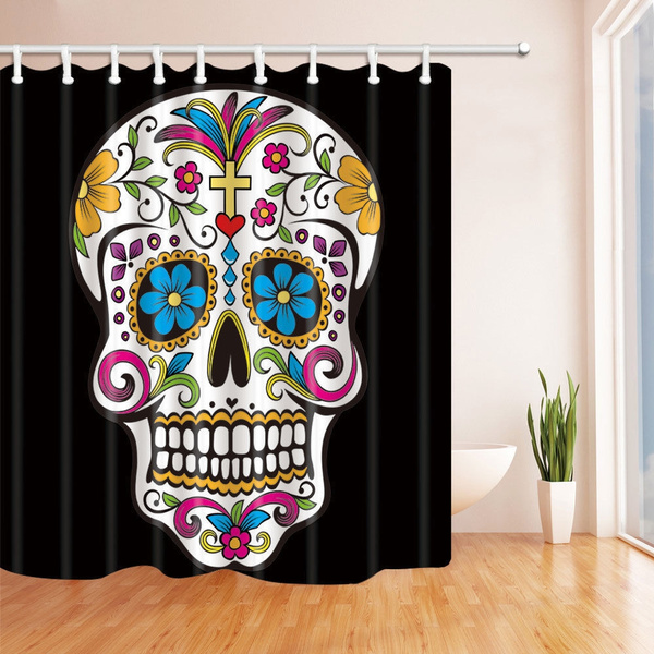 Art Sugar Skull Bathroom Shower Curtain, Sugar Skull Shower Curtain