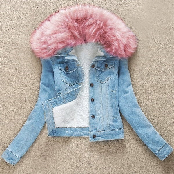 Pink | Faux Fur Collar | Faux Fur Denim Jacket | Ava and Kris – avaandkris
