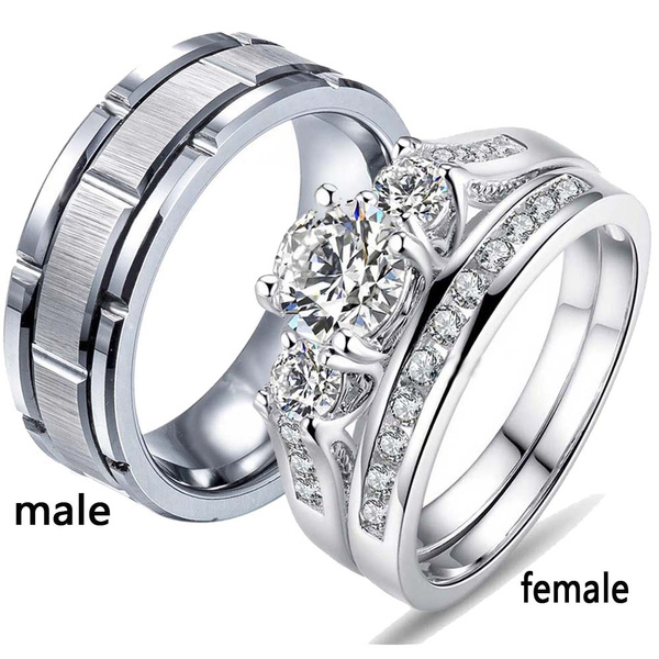 Diamond Trio Set His Her Matching Engagement Wedding Ring 10k White Gold Finish Cool Wedding Rings Buy Wedding Rings Wedding Ring Bands Set