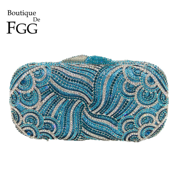 Boutique De FGG Sparkling Diamond Crystal Women Blue Evening Purse