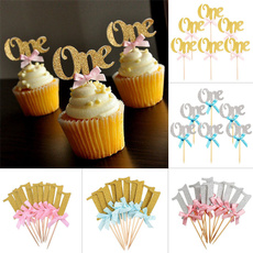 6/10Pcs Glitter 1st Birthday Cupcake Topper with Ribbon Bow Baby Boy Girl Birthday Cake Decorations