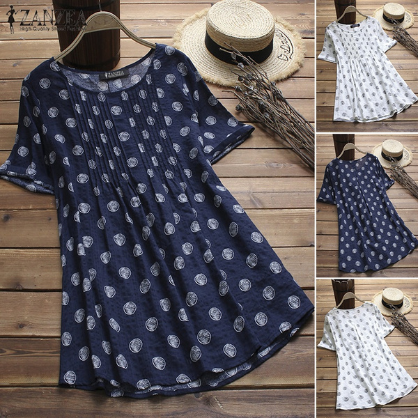zanzea New Women O Neck Short Sleeve Frilled Floral Printed Cotton Tops ...
