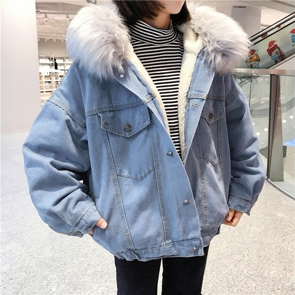 Denim Blue Faux Fur Trim Oversize Hooded Denim Jacket – lexifashionuk
