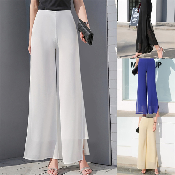 Ladies High Waist Slit Up Casual Loose Wide Leg Trousers