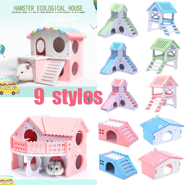 Wooden Hamster Net Ecological Double-Deck Ladder Villa Colorful Board Bed House 