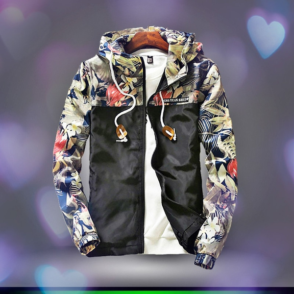 Chaqueta con capucha con cremallera con estampado floral para hombre Chaqueta con capucha con cremallera con estampado floral para hombre