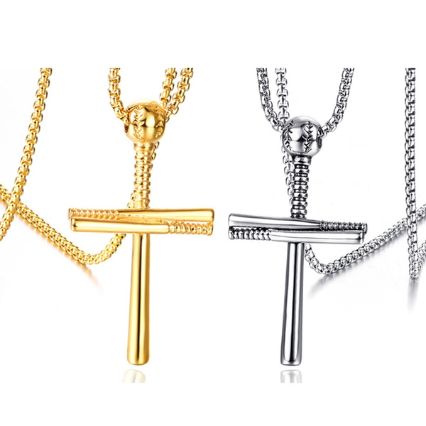 Nove Jewelry Men Women Fashion 316l Stainless Steel Personalized Creative Sport Sportive Baseball Bat Cross Pendant Punk Rock Necklace With Chain Silver Gold Wish