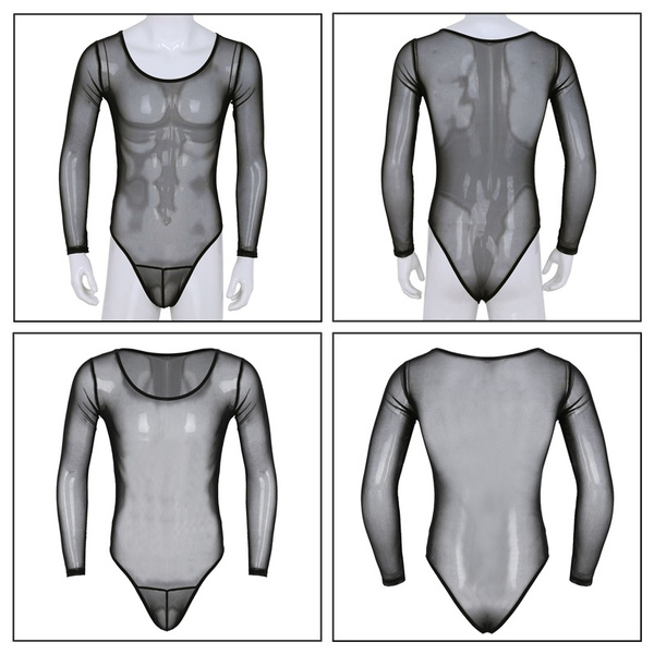 Men's Mesh See Through Long Sleeve High Cut Body Suit Jumpsuit Lingerie