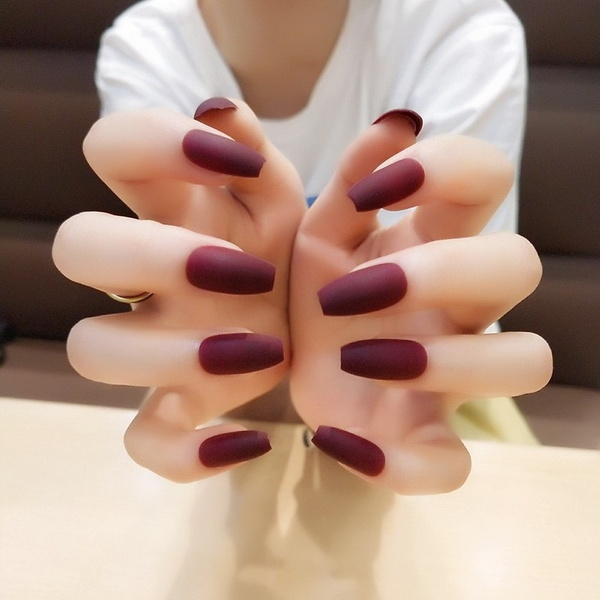 24pcs/set Matte Frosted Full Cover Ballerina Coffin Tips Long Wine Red Ballerinas nail | Wish
