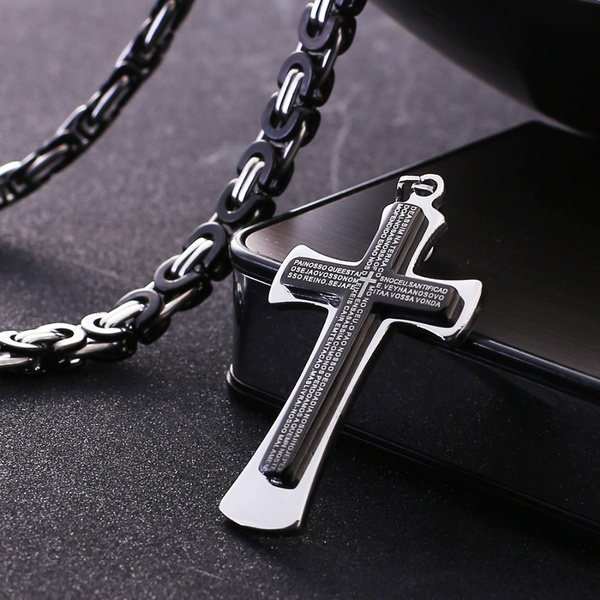 Black Pendant Necklace Bible Cross 6mm 