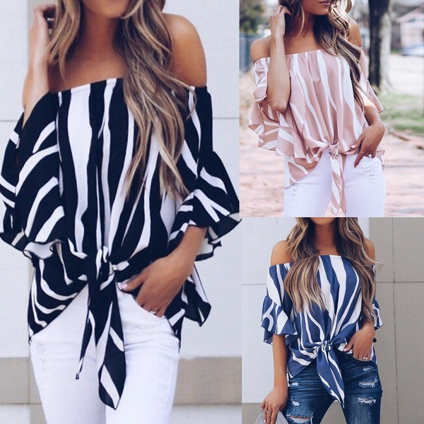 Tops De Mujer A Rayas Con Hombros Descubiertos En La Cintura Tops De Mujer A Rayas Con Hombros Descubiertos En La Cintura