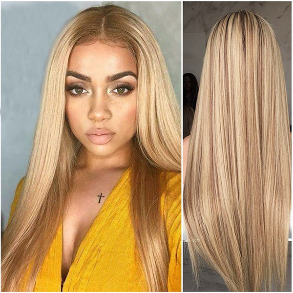 Blonde Straight Long Hair Black Gold Gradient Perfect Hairline Synthetic  Wig Ombre Mixed Color Hair Style | Wish