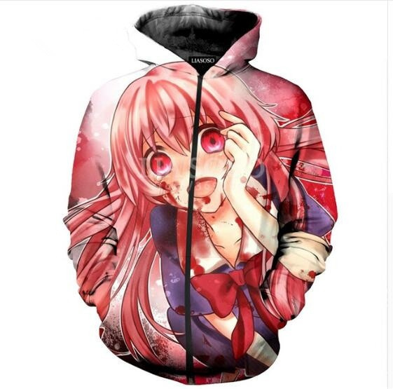 3D Print Women Men Anime Future Diary Yuno Gasai Hooded Pull Over Hoodies Sweatshirts Casual Zipper Jacket X0702