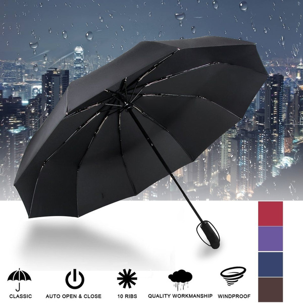 Windproof 10 Ribs Strong Automatic Open Close Folding Umbrella Compact Travel UK 