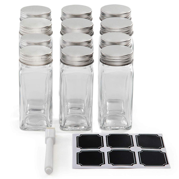 12 Piece Square Glass Spice Jars with Labels and Black Metal Lids