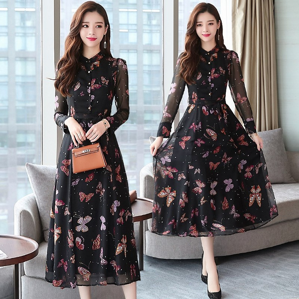 domesticar Expectativa venganza 8653# 2018 Autumn New Korea Women Fashion Elegant Long-sleeved O-neck  Chiffon Printed Maxi Dress Casual Dress Female Vestidos | Wish