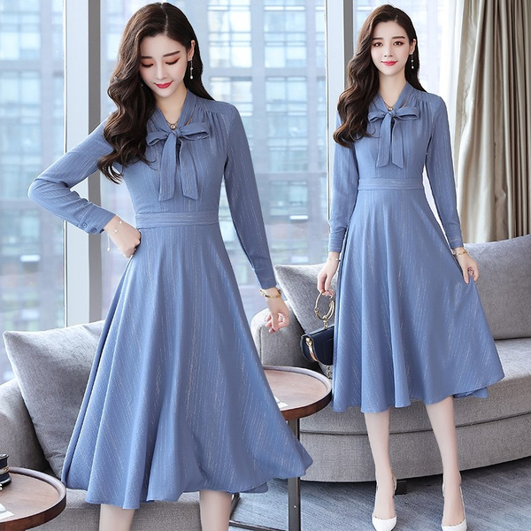 Oportuno franja Grillo 9749# 2018 Autumn New Korea Women Fashion Long-sleeved V-neck Blue Chiffon  Maxi Dress Casual Dress Female Vestidos with Bow | Wish
