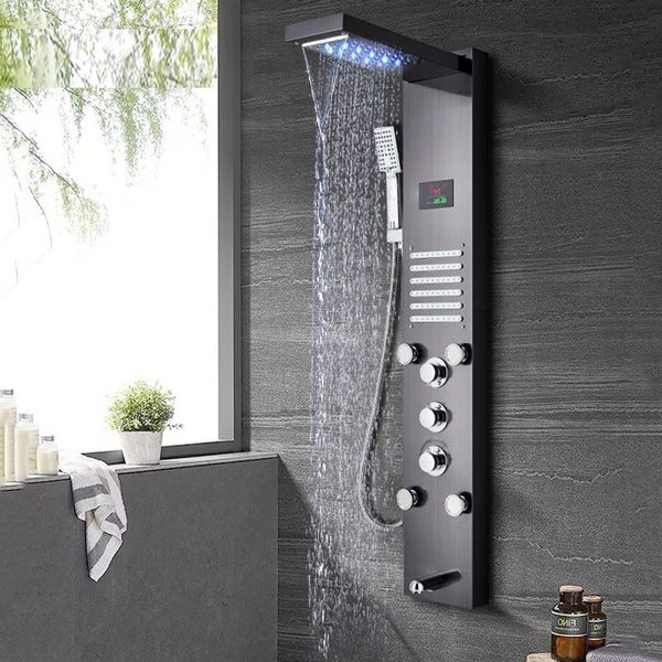 Brushed Nickel  Waterfall &Rain Shower Faucet With Massager Jets Sprayer Mixer