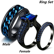 Couple Rings - Men's 316L Stainless Steel Spinner Ring and Women's 10kt Black Gold Plated 8MM Blue Sapphire Engagement Ring Set