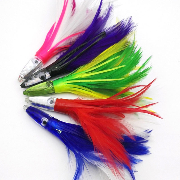 5 Colors Trolling Acrylic / Epoxy Head Feather Octopus Lure Saltwater  Fishing Squids