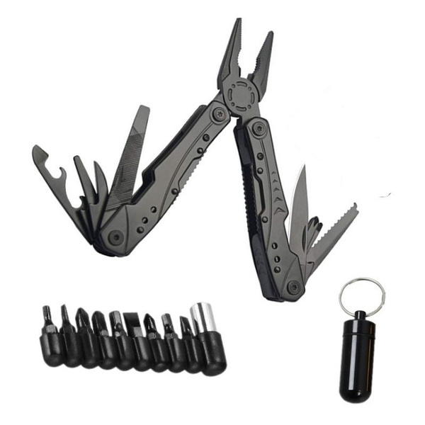 Multitool Pliers 12-in-1 Multi Purpose Pocket tool Set with Knife ，Nylon  Sheath，pill box and Wire saw for Survival,Camping,Fishing,Hunting,Hiking