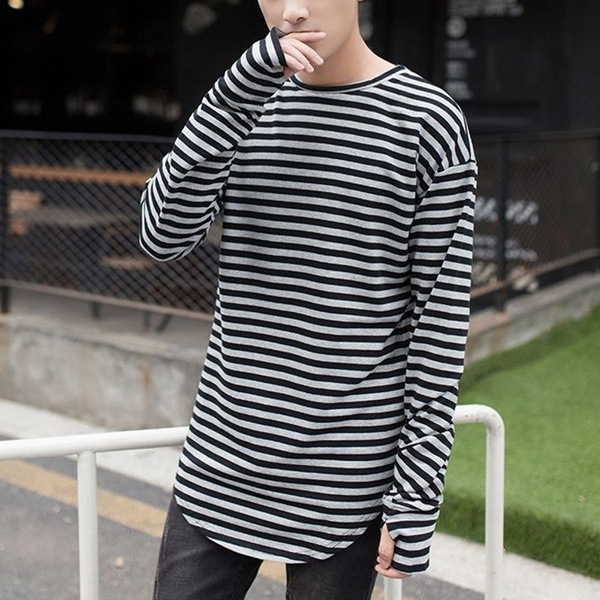 Men Stripe Longline T-shirt Long Sleeve Thumb Hole Cuff Curved Hem